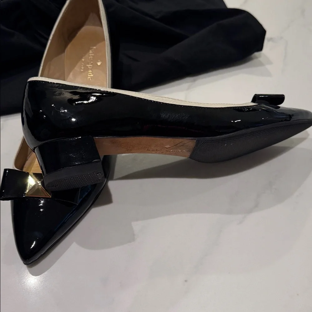 kate spade Black Patent Pointed Toe Bow Flats with Gold Accent - Picture 3 of 12